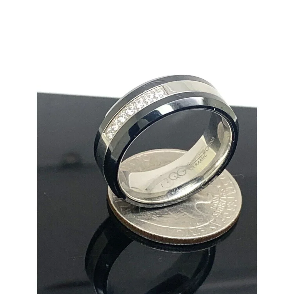Wedding Band Stainless Steel Ceramic Cubic Zirconia 8mm Unisex Ring Size 9